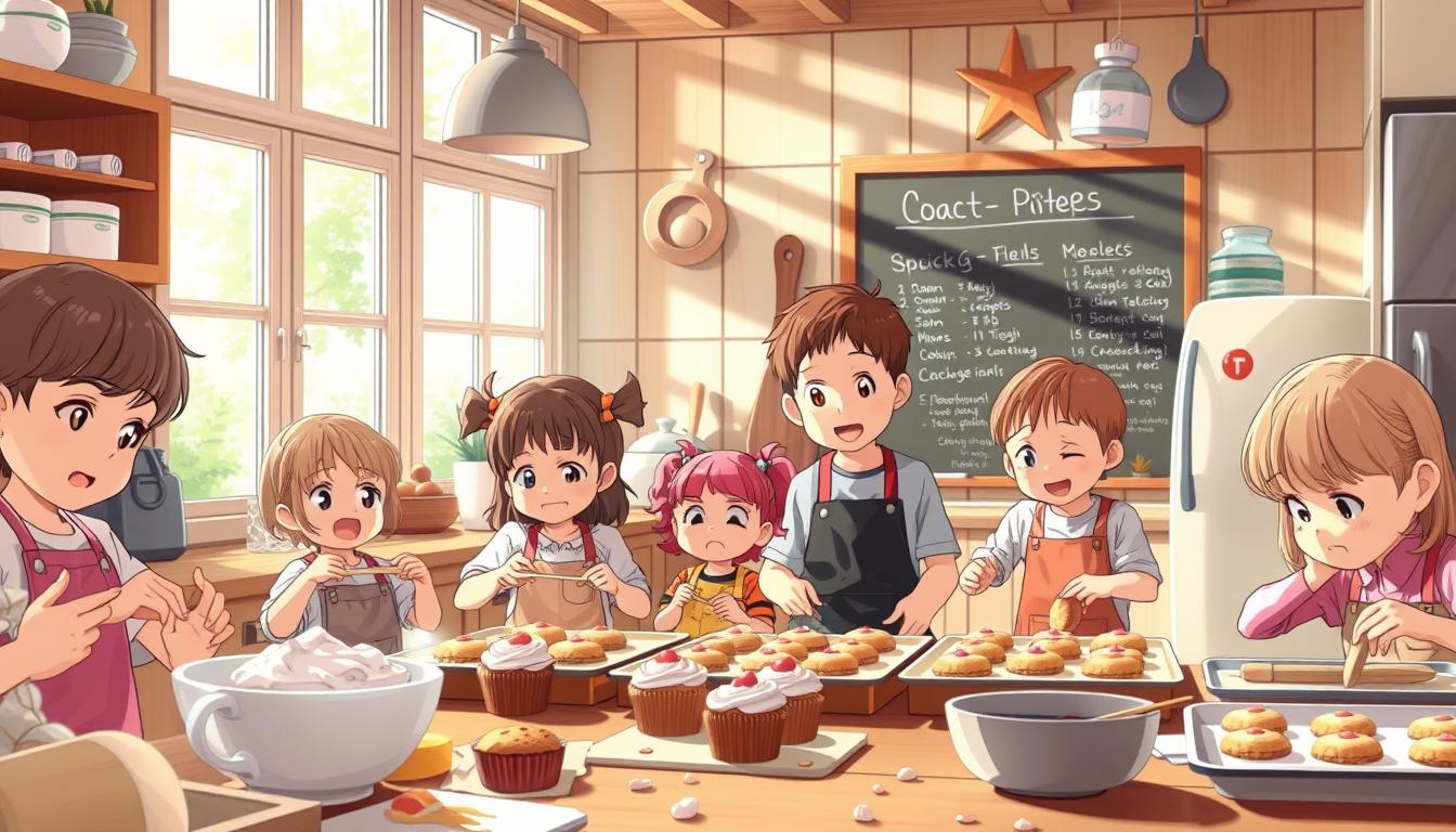 A cozy, warm kitchen interior with natural lighting streaming through large windows, showcasing an assortment of baking tools and ingredients. In the foreground, a group of children of various ages, from toddlers to pre-teens, are engaged in mixing, rolling, and decorating freshly baked cupcakes and cookies. Their expressions are filled with wonder, concentration, and delight as they learn the art of baking. In the background, a chalkboard or whiteboard displays simple, easy-to-follow instructions and recipes tailored for the children's age group. The overall atmosphere is one of learning, creativity, and the joy of culinary exploration.