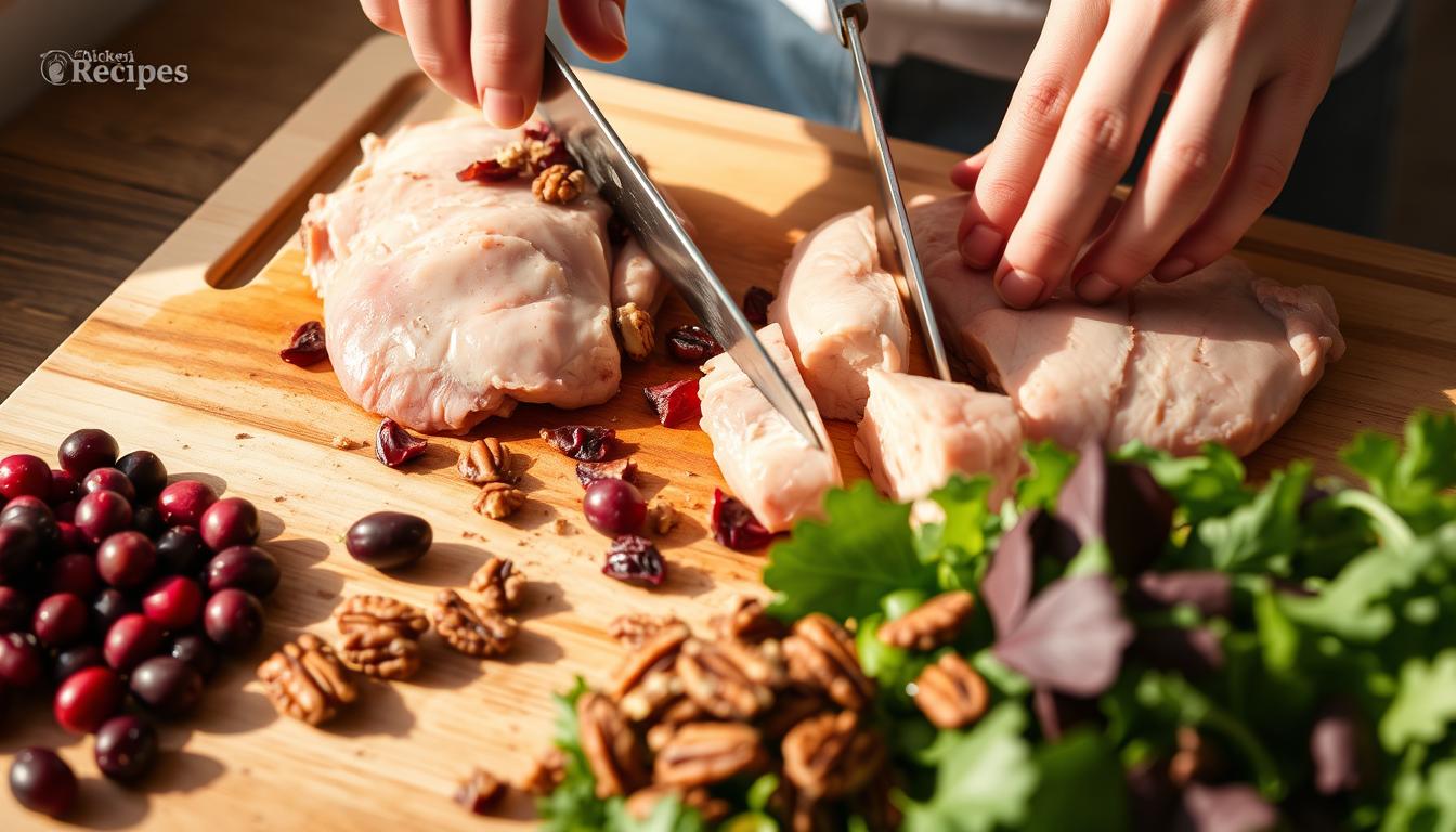 Preparing Chicken for Cranberry Pecan Salad