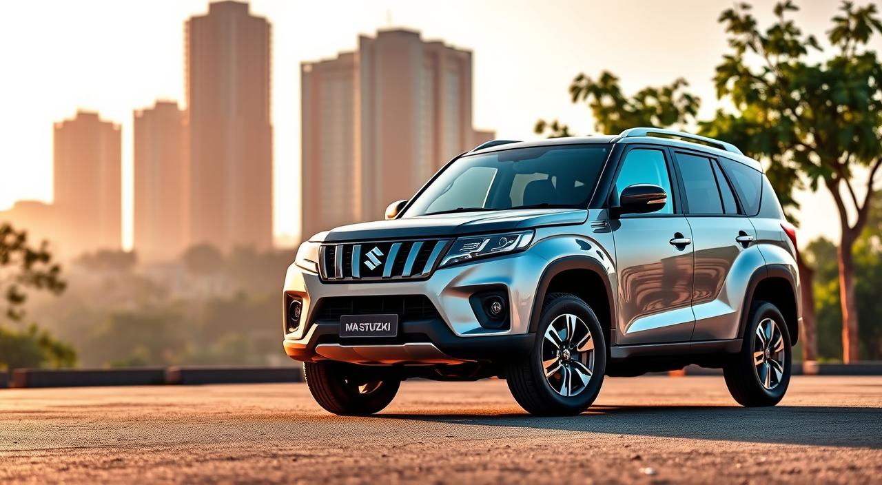 A sleek and modern Maruti Suzuki Grand Vitara SUV stands prominently in the foreground, its bold, sculpted body gleaming under the warm afternoon sun. The midground showcases the vehicle's distinctive grille, headlights, and muscular fenders, exuding a sense of power and reliability. In the background, a serene urban landscape with towering buildings and lush greenery creates a harmonious setting, reflecting the trusted Maruti Suzuki brand's reputation for durability and customer satisfaction. The image is captured with a slightly elevated angle, highlighting the Grand Vitara's commanding presence and the trust it inspires in Indian consumers.