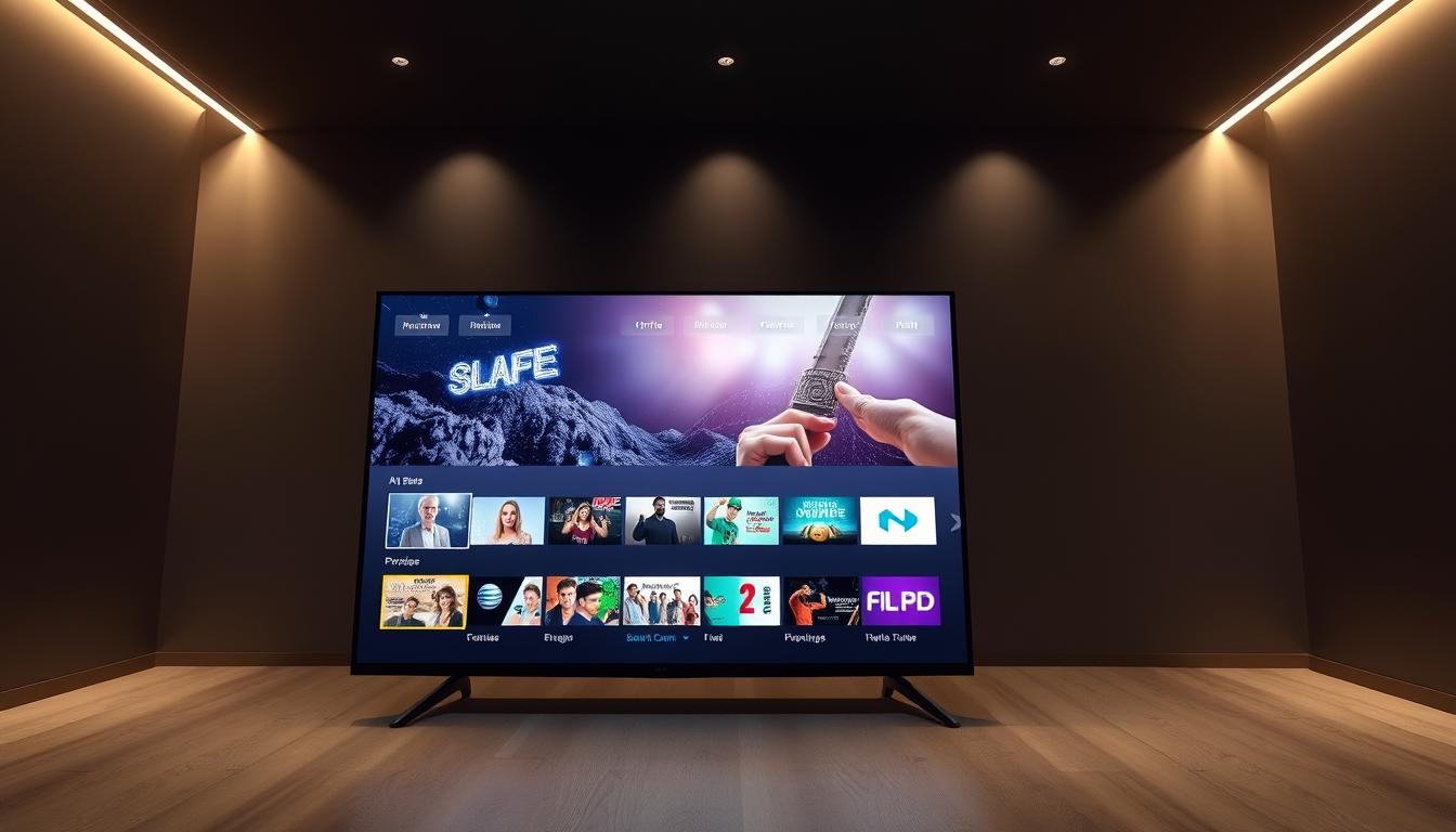 A high-quality 4K live IPTV service rendered in a modern, sleek interface. In the foreground, a large 4K display showcases a crisp, vibrant live broadcast. The middle ground features various content thumbnails, program guides, and user controls, all with a clean, intuitive design. The background depicts a dimly lit room, creating a relaxing, cinematic atmosphere perfect for immersive viewing. Soft, directional lighting highlights the display and UI elements, conveying a sense of quality and professionalism. The overall composition emphasizes the ease, clarity, and visual appeal of a premium 4K live IPTV experience.