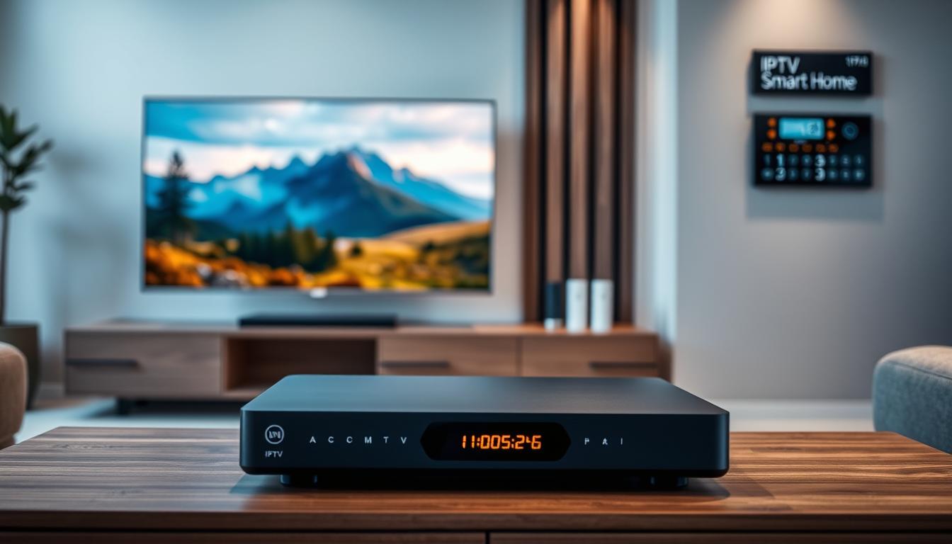 A modern living room with a sleek entertainment center showcasing various IPTV streaming devices. In the foreground, a high-end IPTV set-top box with a minimalist design sits atop a wooden media console, its bright display casting a warm glow. In the middle ground, a large flat-screen TV displays a vibrant, high-definition image of a nature documentary, immersing the viewer in the scene. The background features a wall-mounted smart home control panel, illuminated by soft, indirect lighting, hinting at the seamless integration of IPTV technology within a contemporary, technology-driven living space.