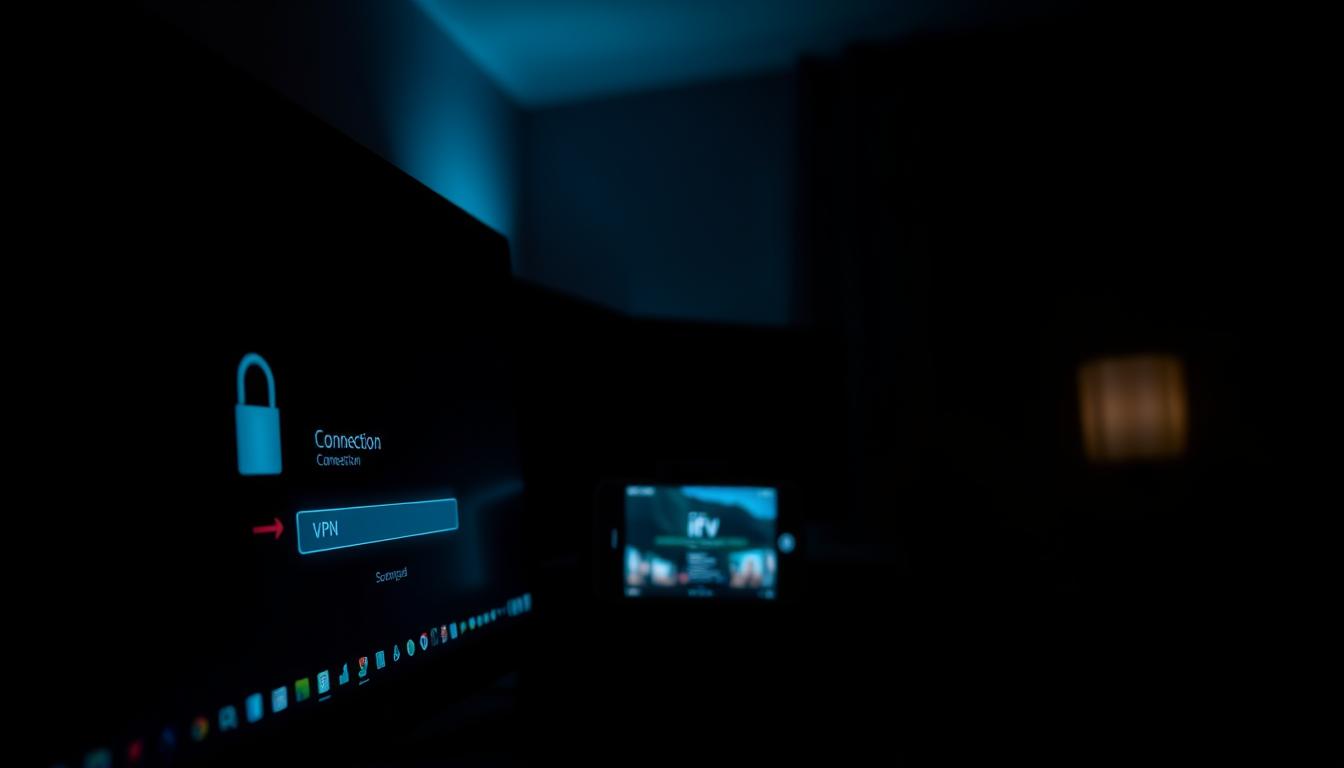 A high-contrast, cinematic image of a virtual private network (VPN) connection being used to securely access an IPTV service. In the foreground, a desktop computer screen displays a VPN interface with an active connection. The middle ground features a smartphone or tablet showing an IPTV app, conveying the idea of accessing content through the VPN. The background is a dimly lit room, with subtle lighting highlighting the technological elements. The overall mood is one of privacy, security, and uninterrupted streaming.