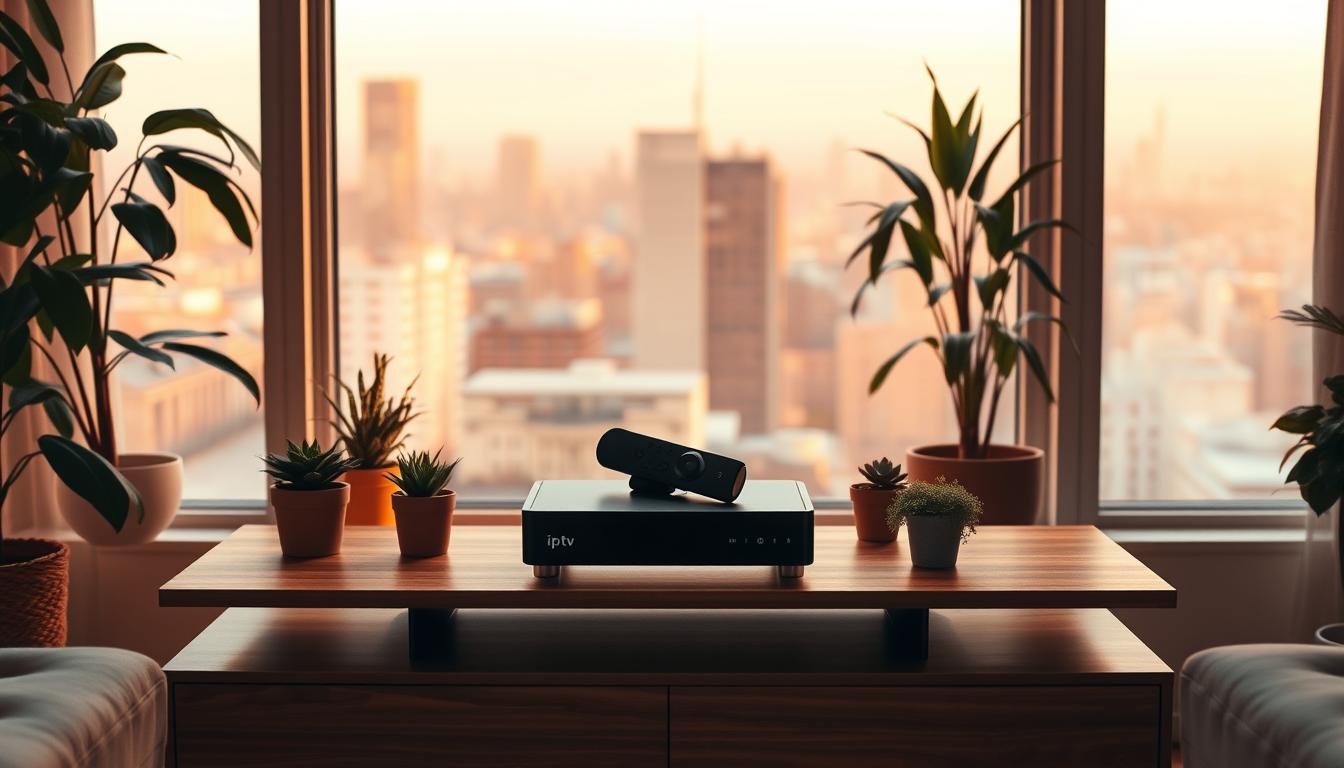 An IPTV player for Firestick, positioned center frame, illuminated by warm, ambient lighting that casts a soft glow. The device, sleek and modern, sits atop a minimalist, wooden entertainment stand, nestled among potted plants and framed by a large window overlooking a cityscape. The scene conveys a sense of simplicity, functionality, and the effortless integration of technology into a cozy, home environment. The overall mood is one of tranquility and the promise of uninterrupted streaming entertainment.