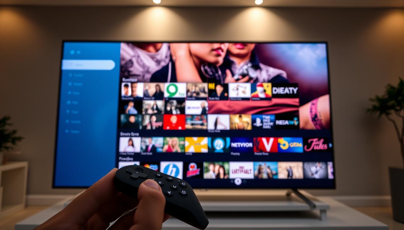 A sleek, modern IPTV player interface displayed on a large, high-definition television screen. The foreground features the player's intuitive menu and control layout, showcasing its easy-to-navigate features and customization options. The middle ground depicts a wide range of on-demand content and live TV channels, highlighting the player's comprehensive media library. The background subtly depicts a contemporary living room setting, with indirect lighting and warm tones, creating a cozy, immersive viewing experience. The overall composition conveys the power, versatility, and user-friendliness of the best IPTV player for Firestick.
