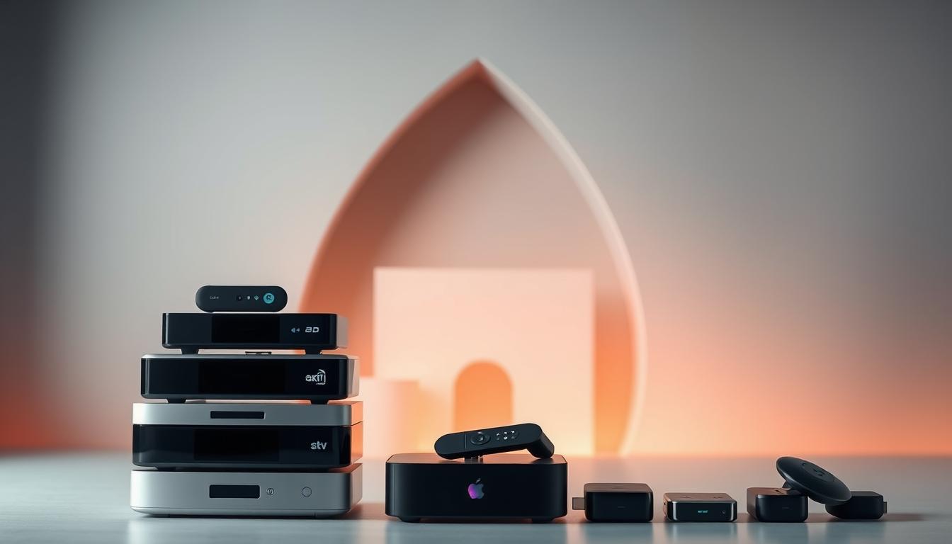 Reliable streaming channels against a sleek, modern backdrop. In the foreground, a stack of streaming devices - smart TVs, set-top boxes, and dongles - arranged neatly, conveying a sense of order and dependability. Soft, directional lighting casts a warm glow, highlighting the clean, premium design of the hardware. In the middle ground, abstract shapes and minimalist architectural elements suggest a technology-focused environment. The background features a smooth, gradient-based color scheme, creating a sense of depth and sophistication. The overall mood is one of professionalism, trust, and the seamless integration of cutting-edge streaming technology into the modern home.