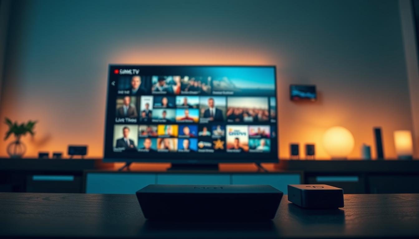 A stylized, cinematic view of a modern IPTV setup featuring a variety of live television channels. In the foreground, a sleek, minimalist smart TV screen displays a grid of live channel thumbnails, each offering a tantalizing glimpse of their unique content. The middle ground showcases a high-end streaming device, its angular design complementing the TV's aesthetic. In the background, a soft, hazy glow emanates from various smart home devices, creating a warm, inviting atmosphere. The lighting is natural and diffused, casting a subtle, flattering tone over the entire scene. The overall composition conveys a sense of technological sophistication and the abundance of premium live entertainment at the user's fingertips.
