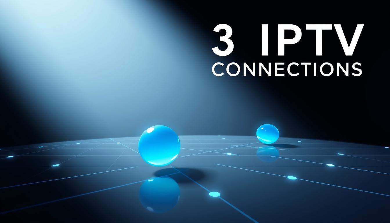 An abstract image depicting three interconnected elements representing the three IPTV connections. A crisp, minimalist composition with a cool, digital color palette. The foreground features three distinct circular shapes in varying shades of blue, connected by thin, glowing lines. The middle ground showcases a subtle grid pattern in soft grays, creating a sense of structure and interconnectivity. The background is a deep, inky black, allowing the digital elements to stand out in high contrast. Dramatic side lighting casts dramatic shadows, emphasizing the depth and dimensionality of the design. An elegant, technology-inspired image that clearly illustrates the &quot;3 IPTV Connections&quot; concept.