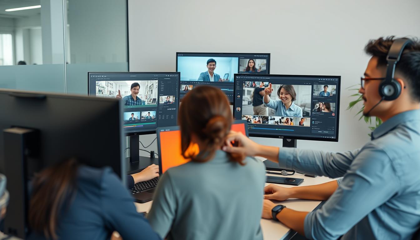 Team Edit CapCut chuyên nghiệp đang làm việc trên nhiều màn hình
