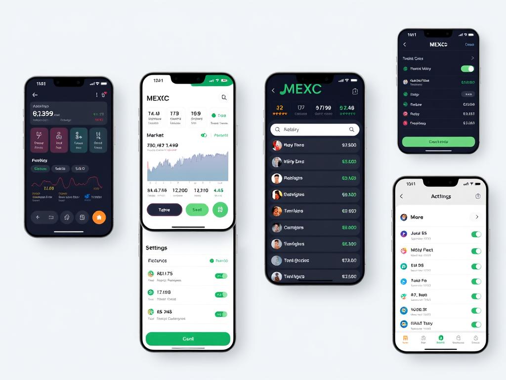 MEXC app features showcase with multiple screens