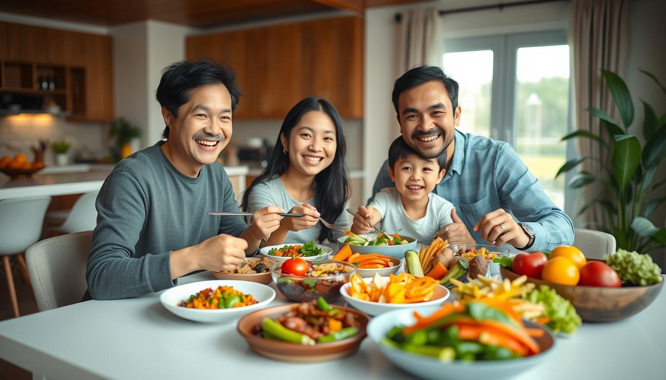 Gia đình hạnh phúc thưởng thức bữa ăn với nông sản sạch