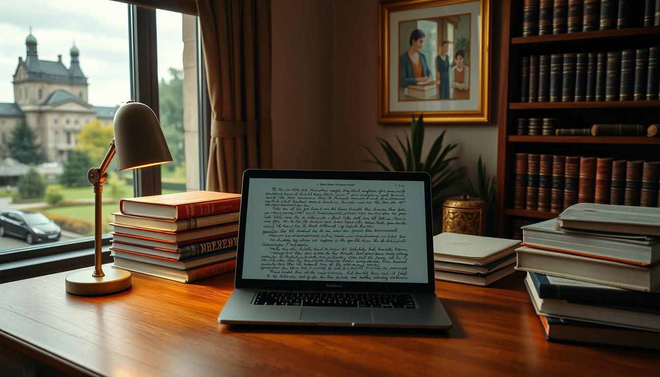 A cozy study space with a well-organized desk, a stack of neatly arranged books, and a laptop displaying intricate academic writing. Soft, warm lighting casts a contemplative glow, while a tasteful piece of wall art adds a touch of sophistication. In the background, a bookshelf filled with leather-bound volumes and a window overlooking a picturesque university campus create a refined, scholarly ambiance. The scene conveys a sense of intellectual rigor, attention to detail, and the pursuit of academic excellence.