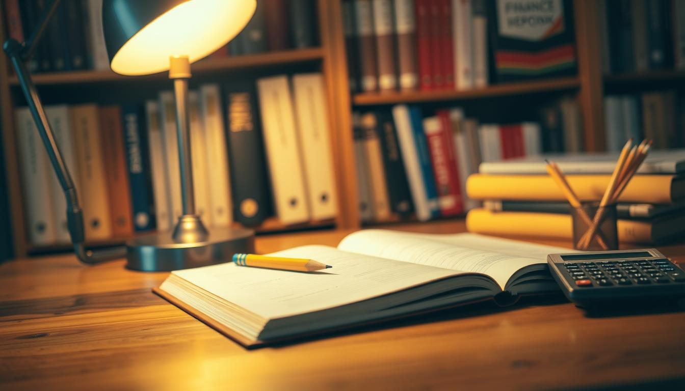 A cozy study space with an open notebook, pencils, and a calculator on a wooden desk. Warm lighting from a desk lamp casts a gentle glow, creating a focused, contemplative atmosphere. In the background, a bookshelf filled with finance textbooks and reports suggests a deep understanding of the subject matter. The arrangement of the study materials conveys a sense of organization and dedication to mastering the complexities of finance homework. The overall scene evokes a calm, studious environment where the viewer can envision themselves receiving expert guidance and support to tackle their finance-related assignments.