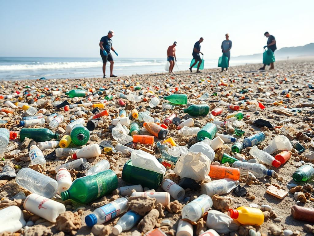 Pollution plastique sur une plage avec des déchets plastiques et des volontaires qui nettoient pour la Journée mondiale de l'environnement 2025