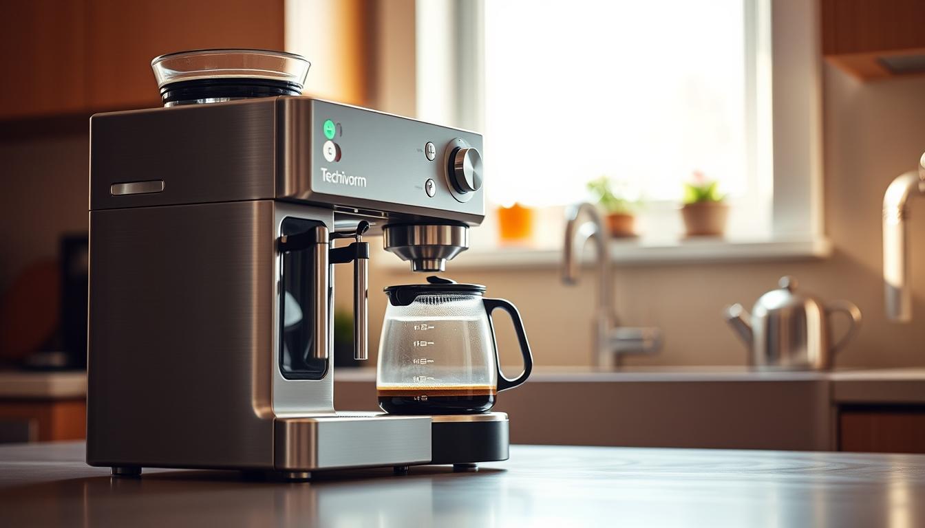Detailed photo of a sleek, modern Technivorm Moccamaster KBGV Select coffee machine in a warm, softly lit kitchen setting. The machine has a minimalist, brushed metal design with clean lines and a large glass carafe. Precise angles showcase the machine's compact, ergonomic form and intuitive control panel. Soft, diffused lighting from a window casts a gentle glow, highlighting the machine's premium construction and attention to detail. The scene conveys an atmosphere of effortless, high-quality coffee brewing with a focus on simplicity and ease of use.