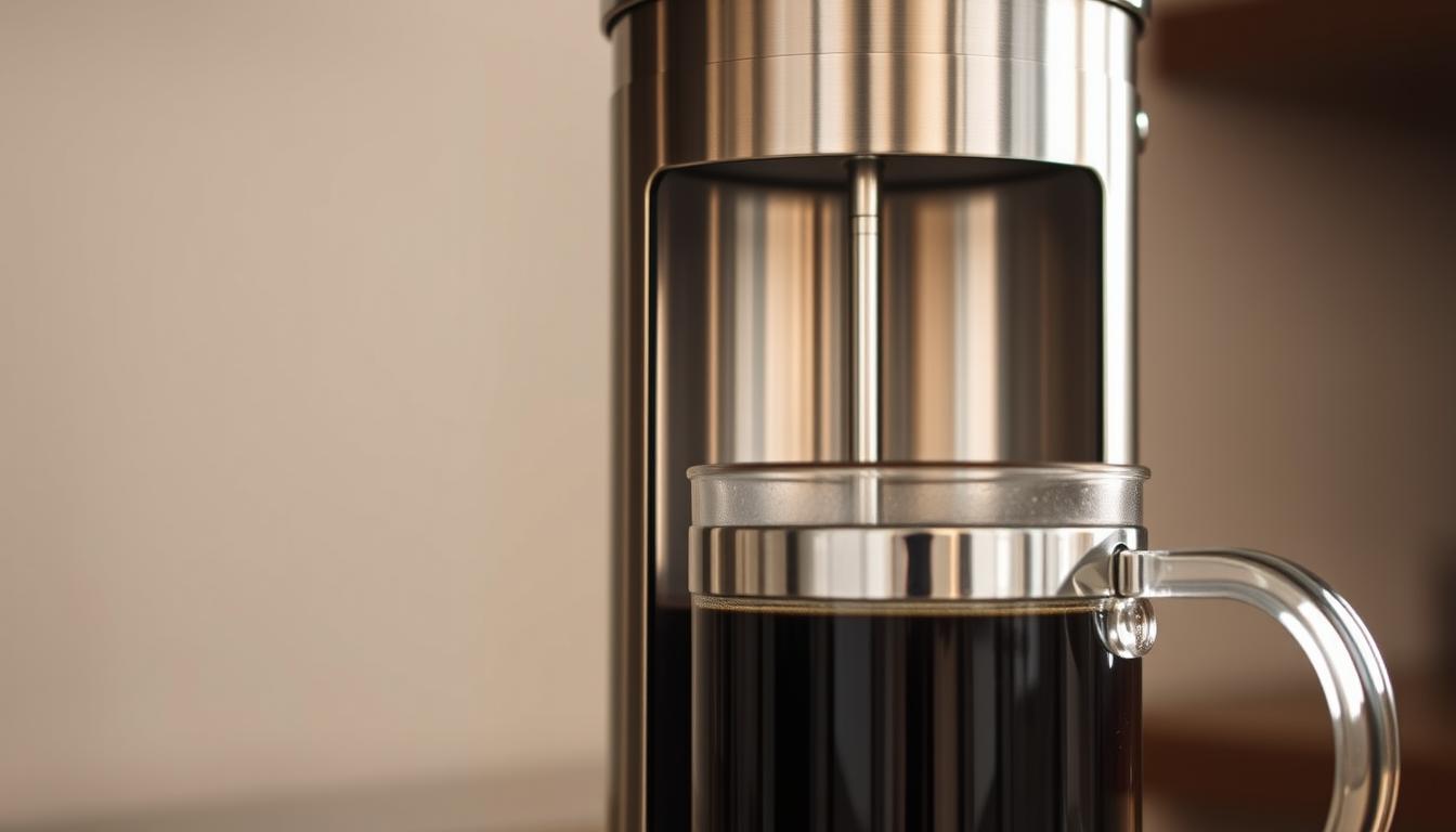 A stainless steel French press, its sleek and modern design capturing the essence of a high-quality coffee maker. The cylindrical body reflects the warm glow of indirect lighting, with subtle brushed textures that hint at its durability. The plunger mechanism rises gracefully, a chrome-plated handle offering a comfortable grip. In the foreground, the transparent glass carafe nestled within the stainless steel frame, allowing the rich, dark brew to be observed as it steeps. The background is minimalist, allowing the French press to take center stage, showcasing its functional beauty as the centerpiece of a modern kitchen.