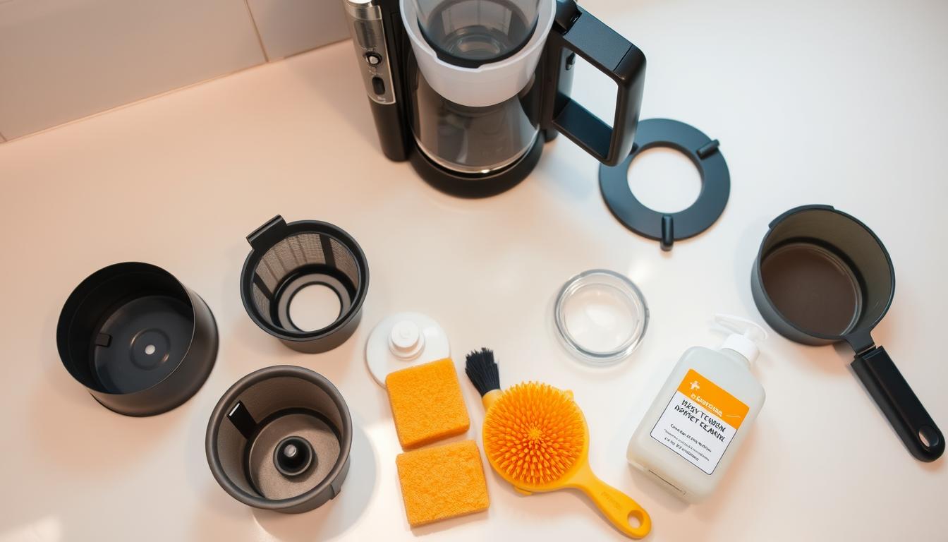 A well-lit, high-angle photograph of a coffee maker on a clean, white countertop. The coffee maker is disassembled, with its various components - carafe, filter basket, water reservoir - laid out neatly around it. A set of cleaning tools, such as a brush, sponge, and descaling solution, are arranged beside the disassembled parts. The lighting is soft and diffused, creating an inviting, instructional atmosphere. The focus is on the individual components, showcasing their accessibility and ease of maintenance. The overall scene conveys a sense of simplicity and approachability, encouraging the viewer to confidently maintain their own easy-to-clean coffee maker.