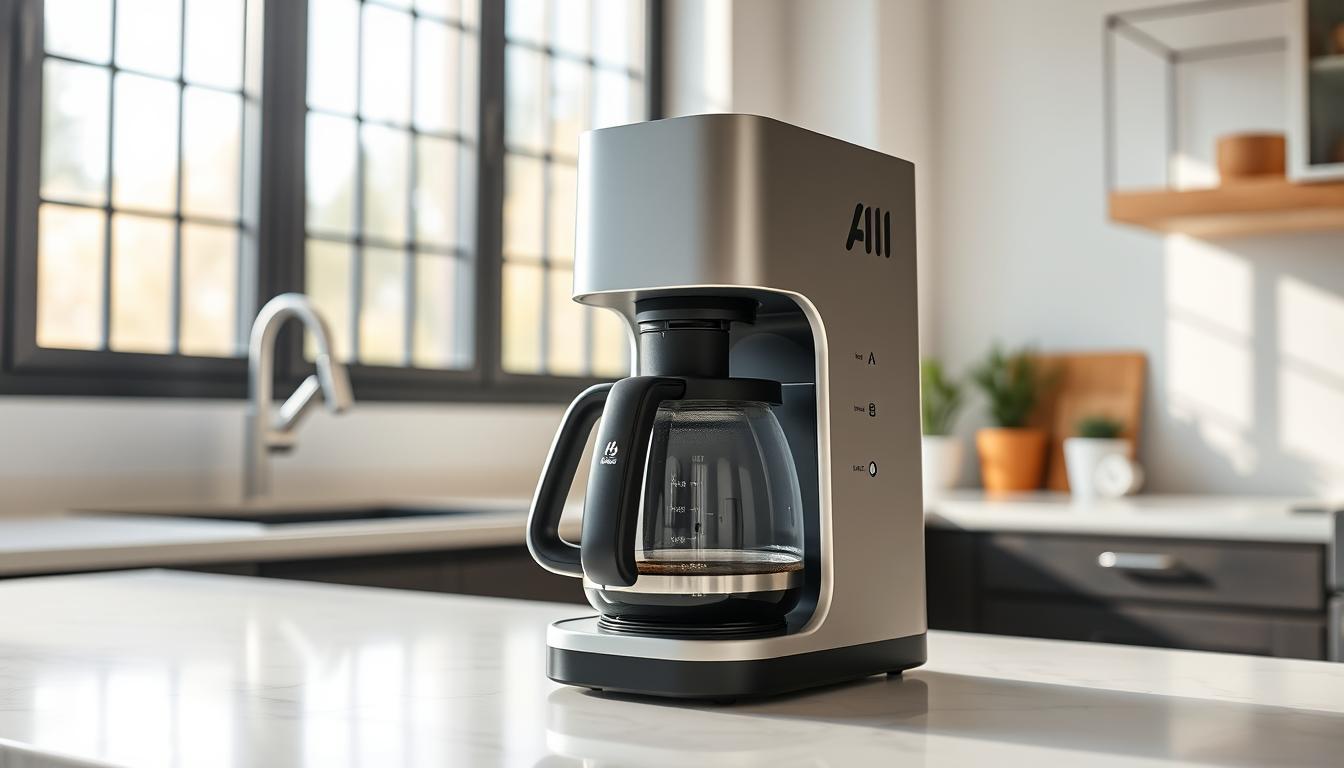A sleek, modern coffee maker with a minimalist design, standing on a white marble countertop. The machine features a clear glass carafe, a simple user interface with intuitive controls, and a compact footprint. Bright, natural light streams in through large windows, casting a warm glow on the appliance. The overall atmosphere conveys a sense of effortless functionality and easy cleanup, perfect for a contemporary kitchen. The camera captures the coffee maker from a slightly elevated angle, highlighting its clean lines and user-friendly features.