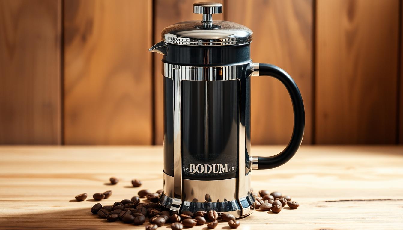 A high-quality stainless steel Bodum Chambord 8-cup French press set against a warm, rustic wooden backdrop. The press features a sleek, timeless design with a shiny chrome frame and a borosilicate glass carafe. Soft, diffused lighting illuminates the glistening surface, creating a cozy, inviting atmosphere. The press is the focal point, highlighted by the carefully arranged background, which includes a handful of freshly roasted coffee beans scattered artfully around the base. The overall scene conveys a sense of artisanal craftsmanship and the promise of a rich, full-bodied coffee experience.