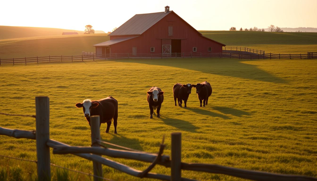 A lush, rolling pasture under a warm, golden afternoon sun. In the foreground, a small herd of Dexter cattle peacefully grazing, their short stature and sturdy builds reflecting their heritage as a hardy, adaptable breed. The middle ground features a rustic wooden fence, blending seamlessly with the natural landscape. In the background, a traditional red barn stands, its weathered siding complementing the earthy tones of the scene. The overall atmosphere conveys a sense of sustainable harmony, where livestock and land coexist in a delicate balance, showcasing the benefits of this small but mighty heritage breed.