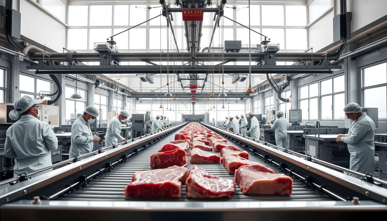 A well-lit, industrial interior of a modern meat packing plant. In the foreground, a conveyor belt system efficiently transports freshly processed meat cuts. Workers in white protective gear carefully monitor and adjust the line speed, ensuring optimal throughput. The middle ground reveals a complex system of overhead hooks and pulleys, seamlessly integrating automated processing equipment. In the background, large windows allow natural light to flood the space, creating a sense of openness and cleanliness. The overall atmosphere conveys a harmonious balance between human expertise and technological innovation, focused on maximizing production efficiency.