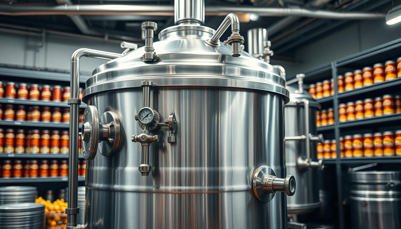 A stainless steel retort pressure cooker stands prominently in the center, its gleaming exterior bathed in soft, indirect lighting. Intricate pipes, valves, and gauges adorn the vessel, conveying the sophisticated engineering required for thermal sterilization. In the background, rows of shelved canned goods hint at the final product, while the overall scene evokes the precision and control essential for shelf-stable meal production. The camera angle captures the equipment from a slightly elevated perspective, emphasizing its industrial scale and the care required for this critical food processing technology.
