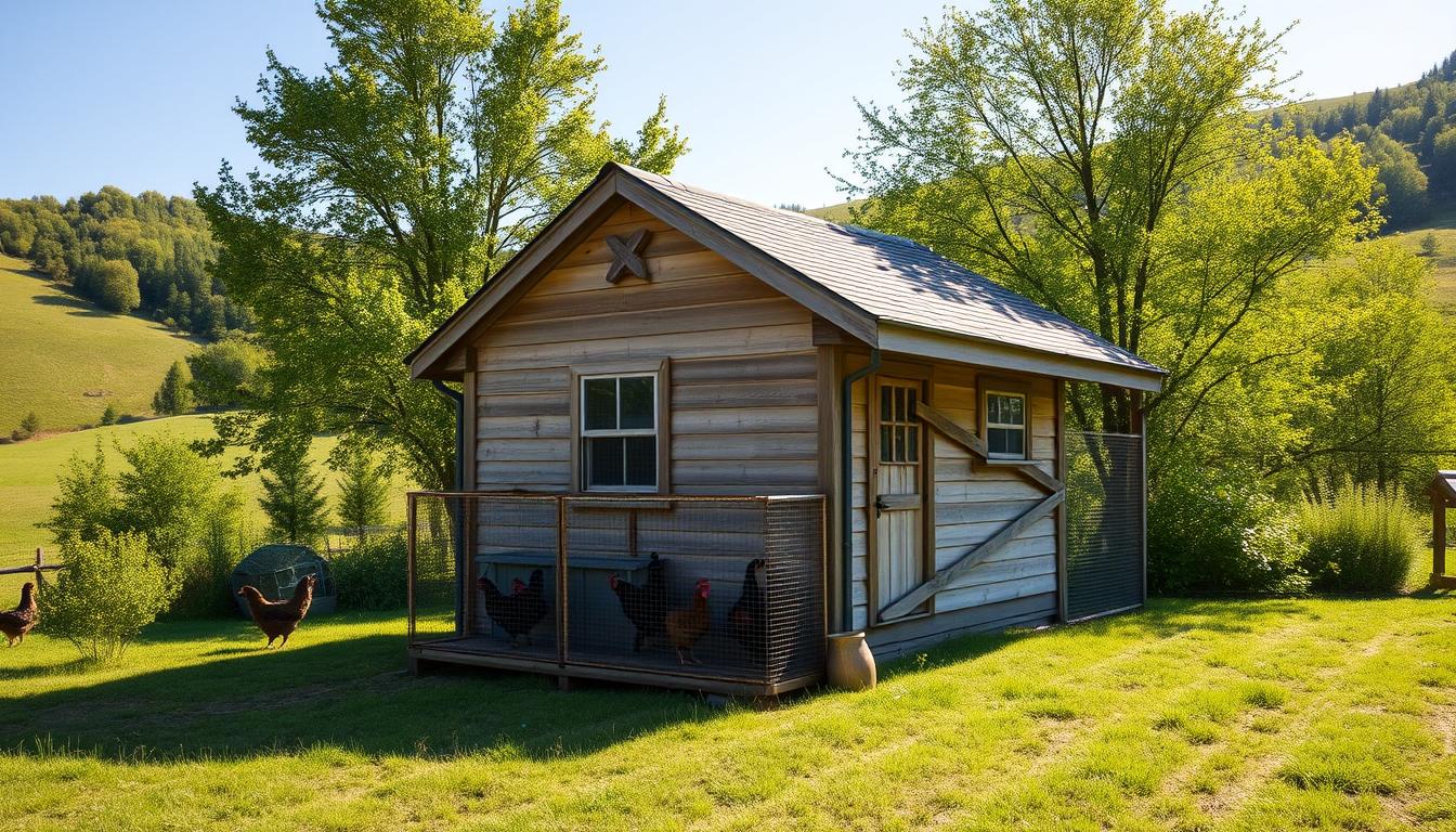 A well-designed chicken coop in a lush, pastoral setting. The coop is nestled among rolling hills, with a backdrop of verdant trees and a clear blue sky. The structure features a peaked roof, weathered wood siding, and a spacious run for the chickens to roam. Sunlight filters through the windows, casting a warm, inviting glow. The coop is positioned to take advantage of natural airflow and positioned to provide ample space and privacy for the Cream Legbar chickens. The overall scene conveys a sense of tranquility and harmony, reflecting the ideal housing and space requirements for these elegant, productive birds.