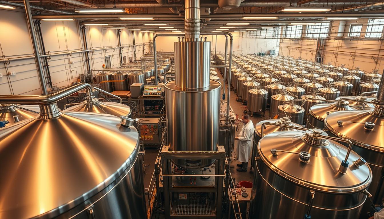 A sprawling high-pressure processing (HPP) juice production facility, bathed in warm, diffused lighting. In the foreground, shiny chrome tanks and pipes convey the juice through the pressurization process, while technicians in white lab coats monitor the controls. The middle ground features a central, imposing HPP machine, its cylindrical vessel surrounded by an array of supporting equipment. In the background, a panoramic view of the production floor, with rows of additional tanks and machines, all working in concert to transform raw ingredients into premium, nutrient-rich juices. The scene exudes a sense of precision, efficiency, and cutting-edge technology applied to the art of juice making.