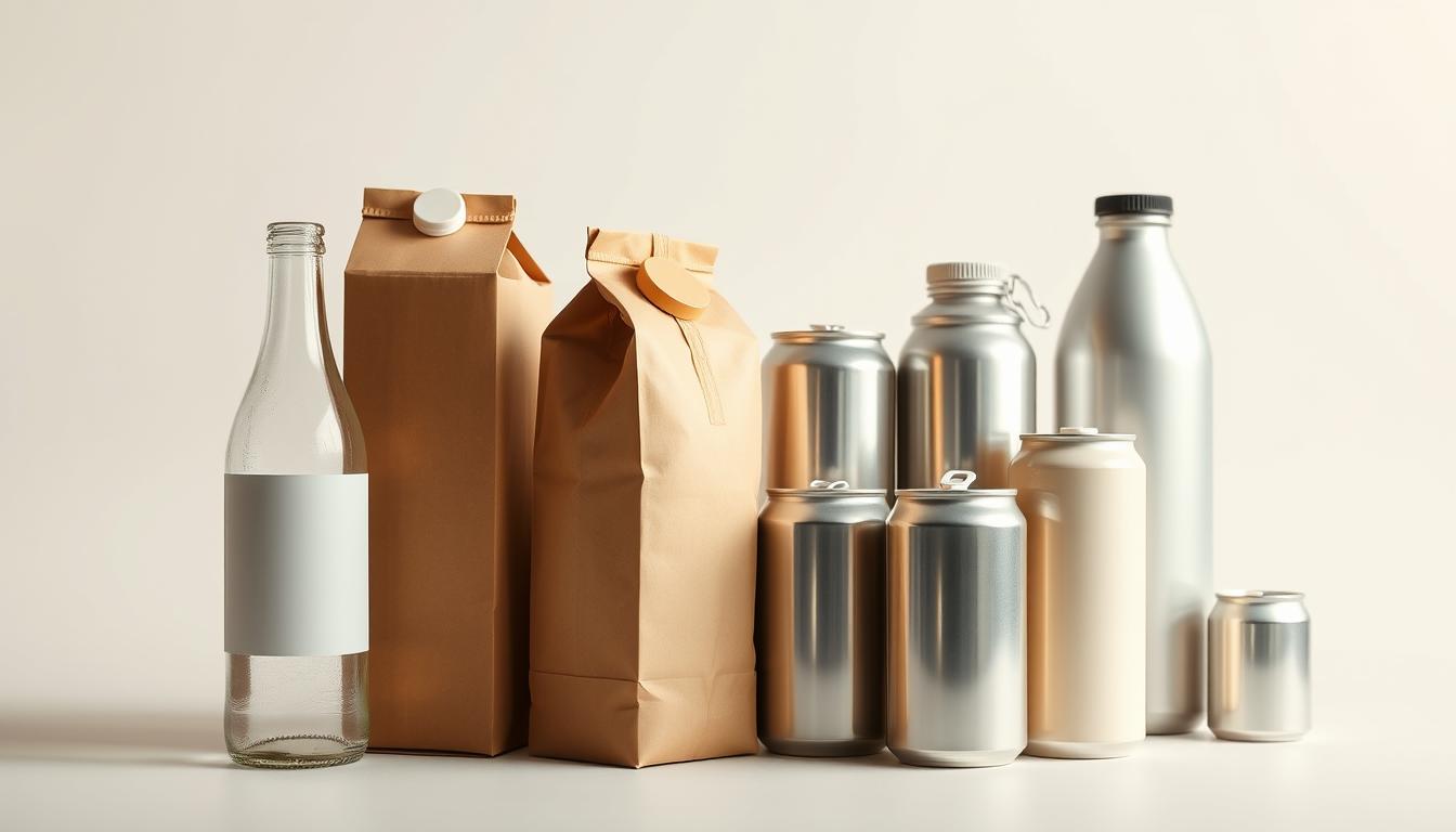 A well-lit studio shot showcasing an assortment of modern dairy beverage packaging materials. In the foreground, a sleek glass bottle with a minimalist label, a sturdy cardboard carton, and a flexible plastic pouch with a spout. In the middle ground, a selection of aluminum cans in various sizes and shapes. In the background, a clean white backdrop highlighting the diverse textures and materials used in contemporary dairy packaging design. Soft shadows and warm lighting create a refined, professional atmosphere, emphasizing the high-quality and innovative nature of the dairy packaging solutions.