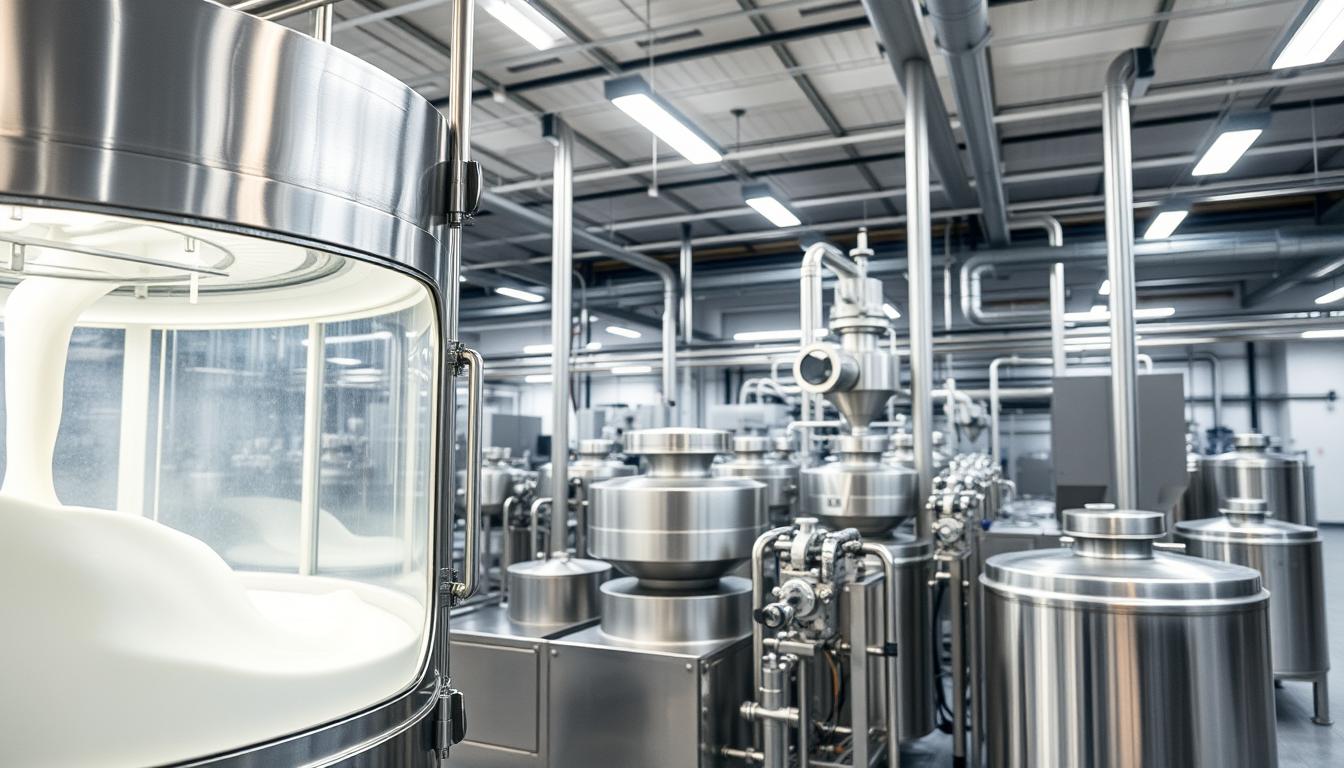A well-lit, high-resolution image of a modern pasteurized milk processing plant. The foreground features a stainless steel pasteurizer tank with transparent glass viewing panels, illuminated from within to showcase the smooth flow of milk. In the middle ground, an array of centrifugal separators, homogenizers, and pipeline systems convey the complex technology involved. The background depicts the clean, organized layout of the plant, with overhead lighting and exposed ceiling beams. The overall scene conveys a sense of efficiency, precision, and the careful processing that goes into producing safe, high-quality pasteurized milk.