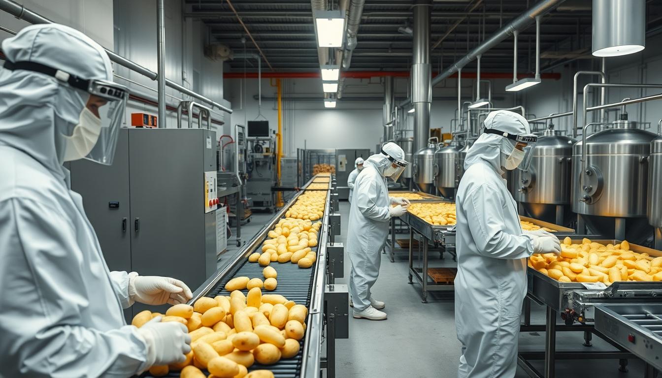 A sterile, well-lit food processing plant with workers clad in white hazmat suits and face shields. The foreground shows workers carefully inspecting potato samples and sanitizing equipment. The middle ground depicts a conveyor belt transporting potatoes through various stages of cleaning, peeling, and slicing. The background showcases advanced machinery and stainless steel vats used for cooking, frying, and packaging the final potato products. The overall atmosphere conveys a sense of strict adherence to food safety protocols, meticulous attention to detail, and a commitment to delivering high-quality, contaminant-free potato-based foods.