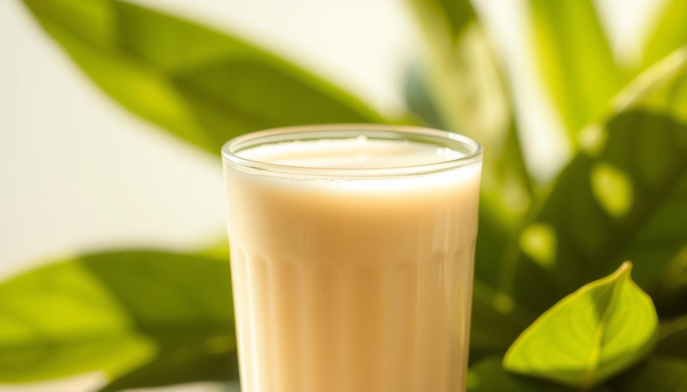 A closeup shot of a glass of acidophilus milk, with a creamy, smooth texture and a slight golden hue. The liquid is set against a soft, blurred background of fresh, green leaves, conveying a sense of health and vitality. Warm, natural lighting casts a gentle glow on the glass, highlighting the milk's probiotics and nutrients. The composition emphasizes the benefits of acidophilus milk, drawing the viewer's attention to its visual appeal and nourishing properties. The image exudes a calming, soothing atmosphere, inviting the viewer to experience the goodness of this probiotic-rich dairy product.