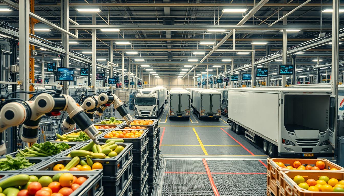 A high-tech logistics facility bustling with activity. In the foreground, automated robotic systems meticulously handle crates of fresh produce, their precise movements choreographed by a network of sensors and software. In the middle ground, sleek refrigerated trucks are loaded and unloaded, ensuring optimal temperature control for perishable goods. The background is dominated by a maze of conveyor belts, data screens, and whirring machinery, creating an atmosphere of efficiency and innovation. Soft, warm lighting illuminates the scene, casting an almost futuristic glow over the cutting-edge technology powering this state-of-the-art food logistics operation.