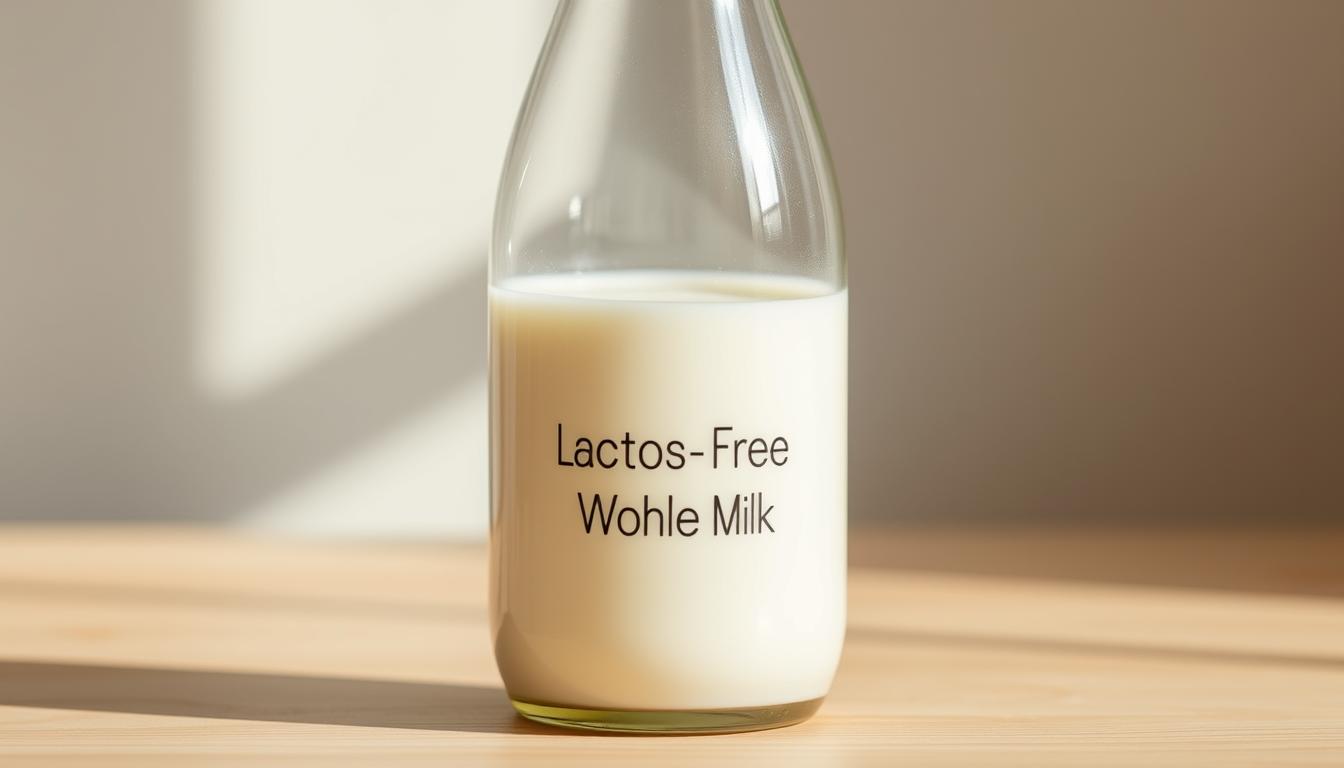 A photo of a glass bottle filled with lactose-free whole milk, standing on a light wooden surface. The bottle has a simple label with the words "Lactose-Free Whole Milk" in a clean, minimalist font. The lighting is soft and natural, creating a warm, inviting atmosphere. The camera angle is slightly elevated, giving a clear view of the bottle's contents and texture. The background is blurred, keeping the focus on the central milk bottle. The overall image conveys a sense of purity, health, and a practical solution for those with lactose intolerance.