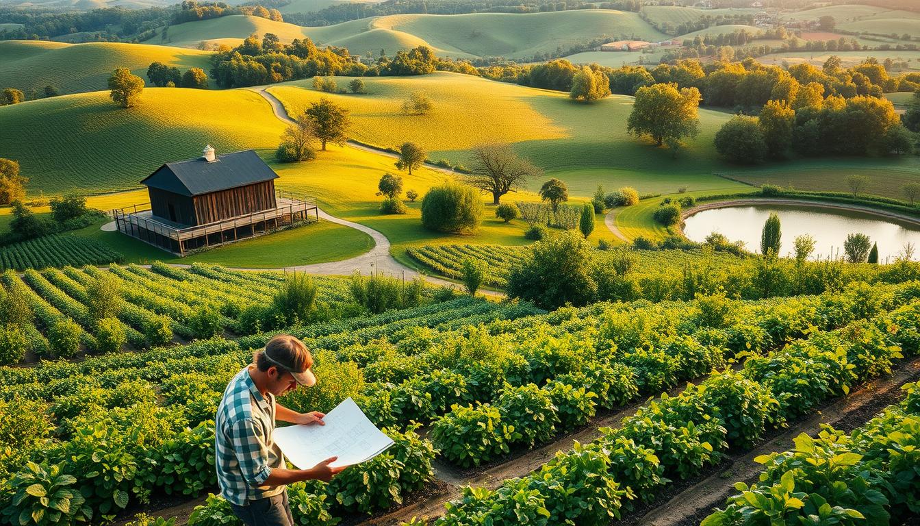 A lush, verdant organic farm nestled in rolling hills, with a central barn surrounded by rows of thriving crops and orchards. In the foreground, a farmer carefully plans the layout of the land, consulting detailed maps and sketches. The mid-ground features diverse plantings - vibrant vegetables, fragrant herbs, and flourishing fruit trees. In the distance, a tranquil pond reflects the warm, golden light of the afternoon sun, casting a serene glow over the entire scene. The overall atmosphere is one of harmony, sustainability, and the natural rhythm of a well-designed, productive organic farm.