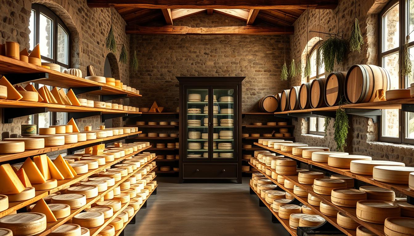 A well-lit, spacious cheese storage room in an authentic Italian farmhouse. The foreground features rows of wooden shelves laden with various Italian cheeses, from aged Parmesan wedges to plump Pecorino rounds, all neatly arranged. The middle ground showcases a central aging cabinet, its glass doors revealing the carefully curated cheese selection within. Soft natural light filters in through large windows, casting a warm, inviting glow over the scene. The background depicts stone walls, adorned with rustic wine barrels and hanging bunches of herbs, capturing the essence of traditional Italian cheesemaking. An atmosphere of reverence and craftsmanship pervades the space.