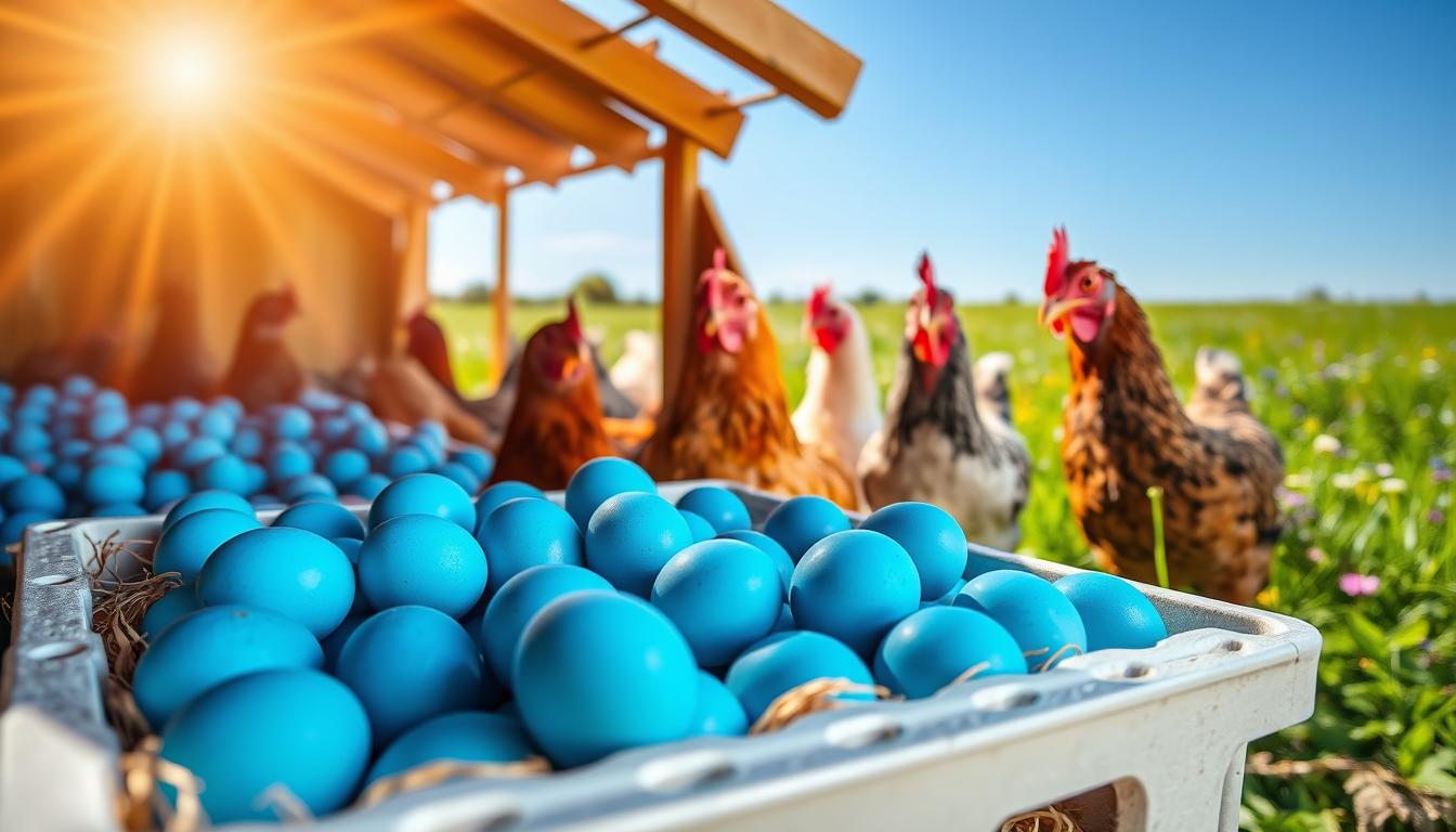 A vibrant, sun-drenched chicken coop filled with hens laying brilliant blue eggs. In the foreground, a pristine white nest box overflows with the striking blue orbs, their smooth, glossy shells catching the warm light. In the middle ground, several Ameraucana chickens, their distinctive feathered heads and serene expressions, stand guard over their prized eggs. The background showcases a verdant, lush pasture, dotted with wildflowers and framed by a clear, azure sky, creating a tranquil, idyllic scene. The image conveys a sense of abundance, harmony, and the remarkable natural beauty of blue egg production.