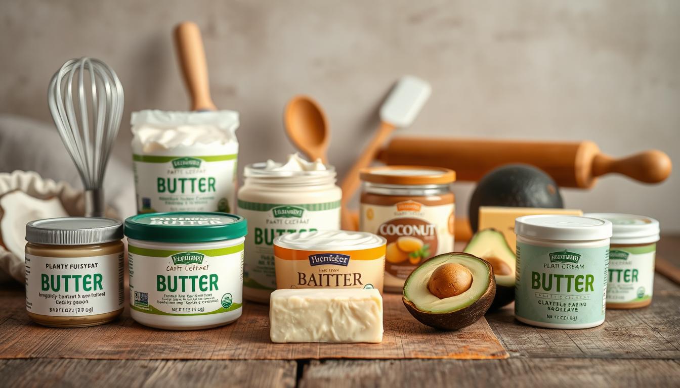 A visually appealing still life arrangement depicting an assortment of butter substitutes. In the foreground, a variety of plant-based spreads and creams, such as cashew, coconut, and avocado-based options, are neatly arranged on a rustic wooden surface. In the middle ground, various cooking and baking tools, including a whisk, a spatula, and a rolling pin, suggest the versatility of these dairy alternatives. The background features a neutral, softly-lit backdrop, creating a warm and inviting atmosphere. The overall composition emphasizes the natural, wholesome nature of these butter substitutes, highlighting their potential as healthy replacements for traditional dairy products.