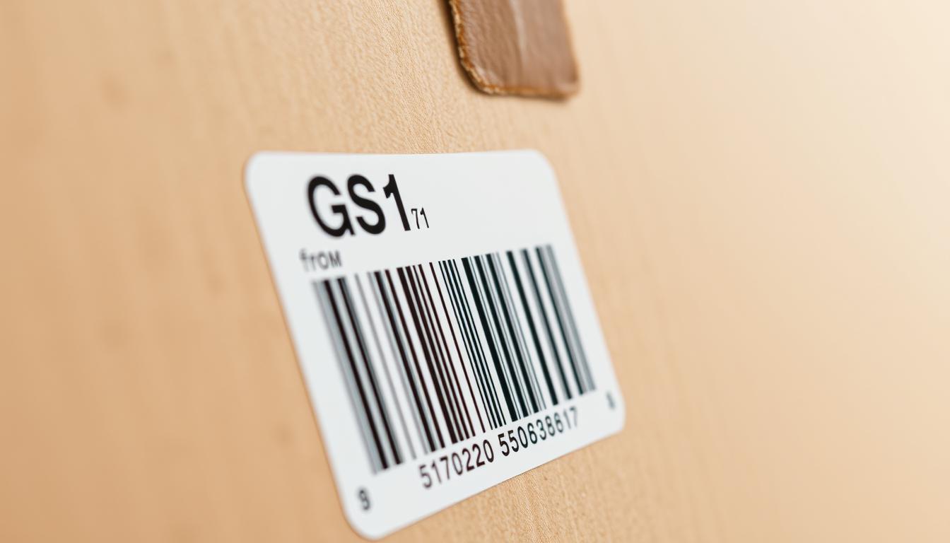 A close-up view of a GS1 barcode printed on a durable plastic label, affixed to a corrugated cardboard box. The barcode is clear and well-defined, with sharp contrast against the box's neutral brown surface. The label is positioned prominently, allowing easy scanning. Bright, even lighting illuminates the scene, casting minimal shadows. The composition emphasizes the technical precision and standardized format of the GS1 labeling system, reflecting the need for retail-ready packaging in the frozen food industry.