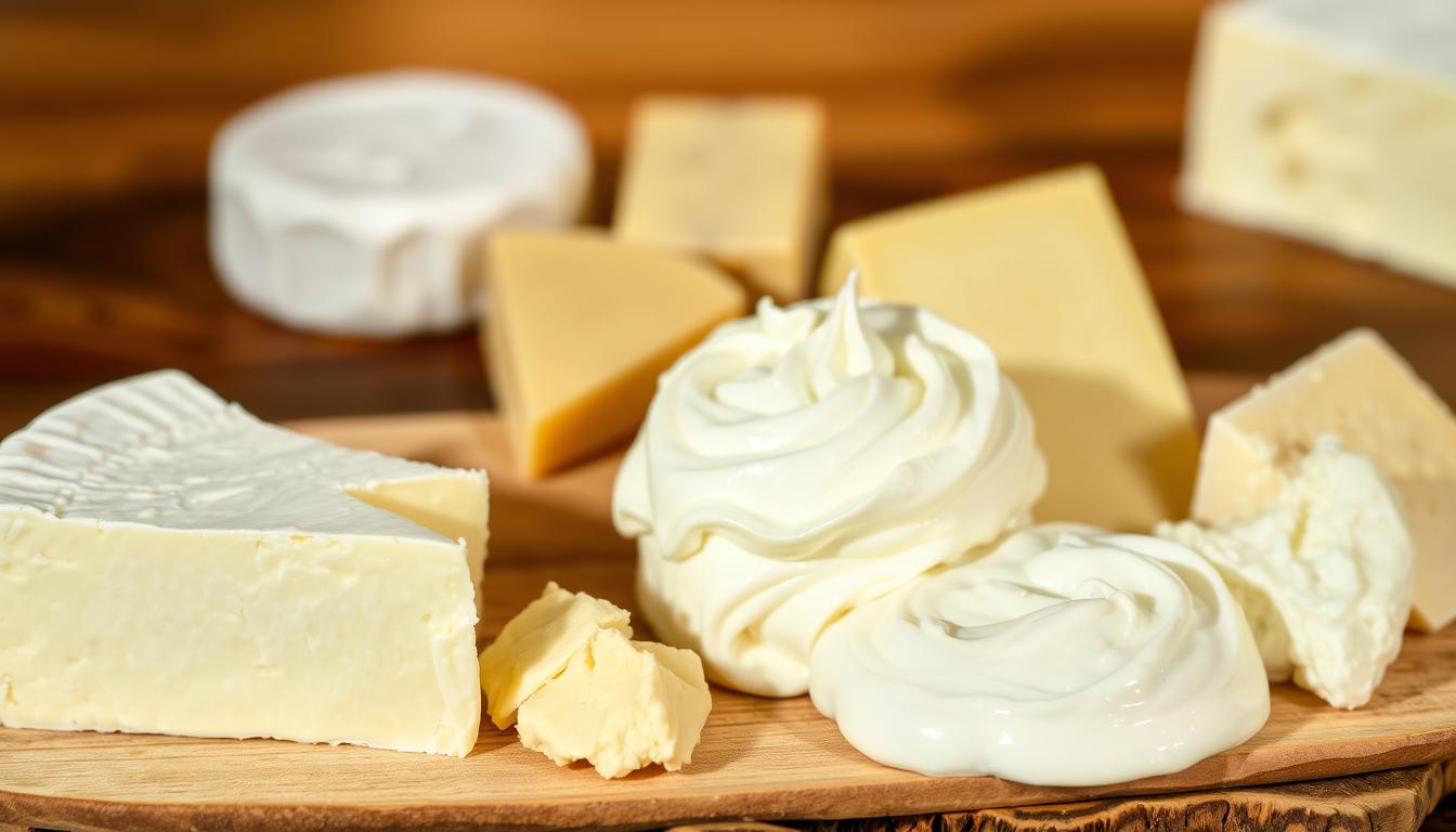Soft, creamy cheese slices arranged side-by-side on a rustic wooden board, with soft-edged shadows. In the foreground, a wedge of soft, spreadable brie cheese with a delicate white rind contrasts with a dollop of rich, velvety cream cheese. In the middle ground, various soft cheese varieties like goat cheese, ricotta, and mascarpone are presented in small samples. The background features a warm, natural lighting setup, casting a gentle glow and highlighting the luscious textures of the cheeses. The overall composition emphasizes the differences in appearance, consistency, and flavor profile between soft, spreadable cheeses and the creamier, more dense cream cheese.
