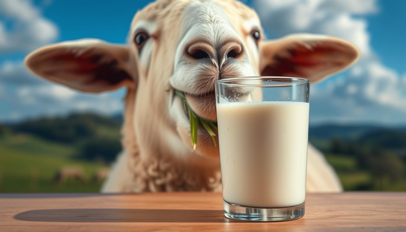A close-up view of a sheep's face, its eyes wide and alert, as it chews on some grass. In the foreground, a transparent glass of creamy white sheep's milk sits on a wooden table, with a few drops of condensation on the surface. The background is blurred, hinting at a pastoral scene of rolling hills and a blue sky with fluffy clouds. The lighting is soft and diffused, creating a warm, inviting atmosphere that emphasizes the natural, wholesome qualities of the sheep milk. The image conveys a sense of tranquility and the unique properties of this alternative dairy source for those with lactose intolerance.