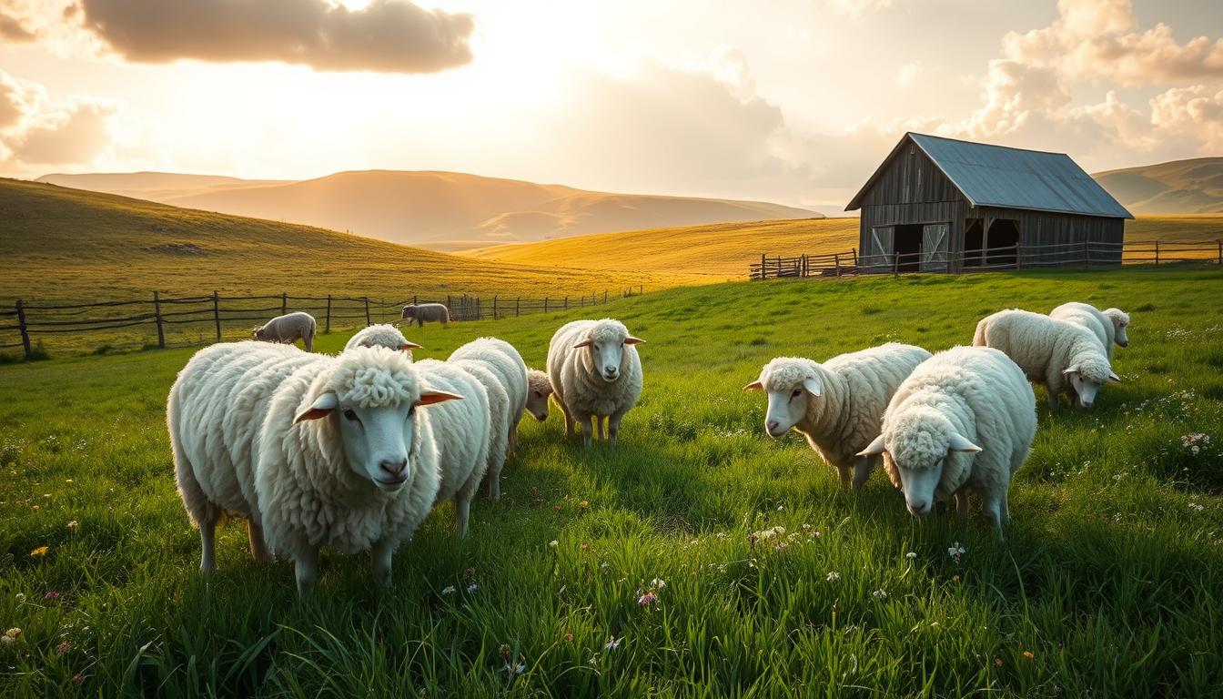 Perendale Sheep: History, Origin, Characteristics, Breeding And Uses A picturesque scene featuring Perendale sheep grazing in a lush pasture in the United States. In the foreground, a group of fluffy, white and cream-colored sheep with distinctive curly wool are seen actively grazing on vibrant green grass. In the middle ground, the rolling hills are dotted with wildflowers and patches of sunlight breaking through scattered clouds, casting a warm golden glow on the landscape. In the background, a rustic wooden barn and a split-rail fence can be seen, symbolizing an American pastoral setting. The image captures the peaceful atmosphere of rural life, with soft lighting that enhances the tranquility of the moment. Use a wide angle to encompass the expansive view, and emphasize gentle shadows for depth. No text or overlays.