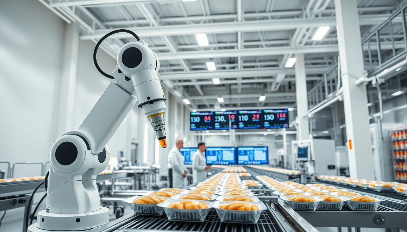 A pristine white industrial facility flooded with natural light. In the foreground, a robotic arm meticulously inspects a series of freshly packaged food items on a conveyor belt, its movements precise and efficient. In the middle ground, technicians monitor a bank of screens displaying real-time quality data, their expressions focused and intent. In the background, a gleaming, state-of-the-art production line hums with activity, seamlessly integrating advanced computer vision and machine learning algorithms to ensure consistent, high-quality output. The scene conveys a sense of cutting-edge technology, rigorous attention to detail, and a commitment to excellence in food production.