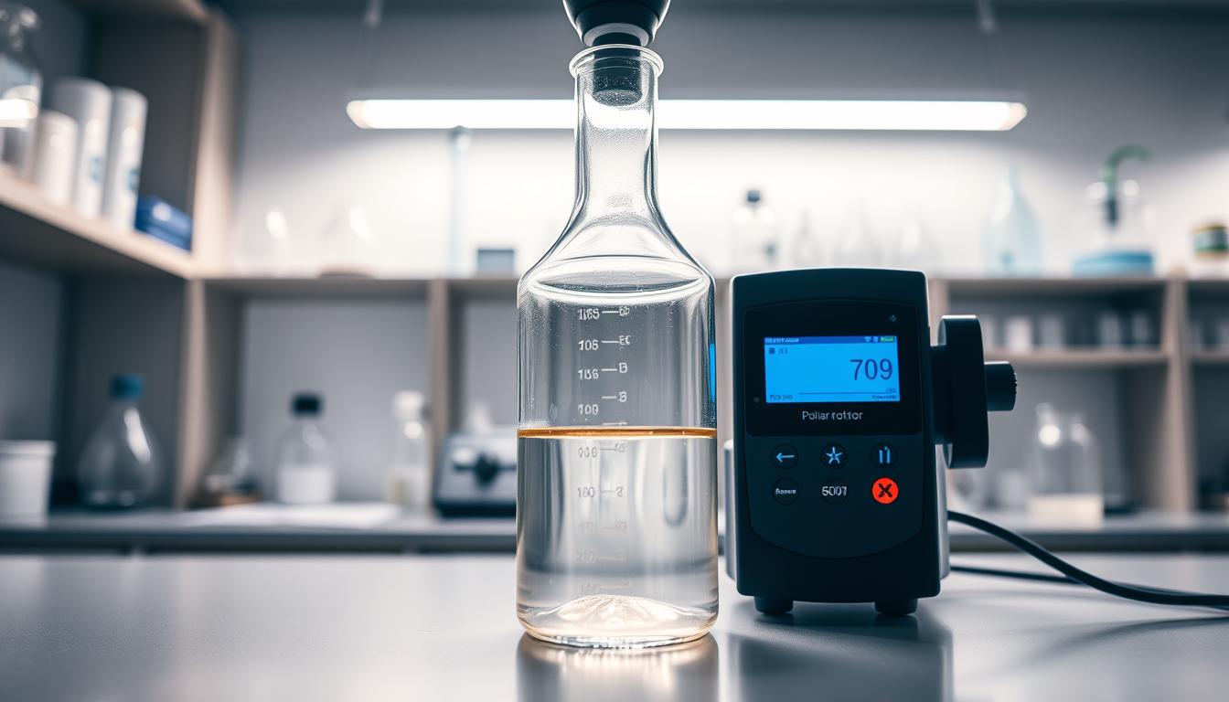 A well-lit laboratory setting, with a centrally placed glass beaker filled with a clear, viscous liquid. The liquid is being measured by a digital polarimeter, its display indicating the precise degree of optical rotation. In the background, shelves hold various scientific instruments and glassware, creating a sense of a professional, research-oriented environment. Soft, directional lighting casts subtle shadows, highlighting the precision and care required for this quality control process. The overall mood is one of scientific rigor and attention to detail, reflecting the importance of this step in the sugar refining journey.