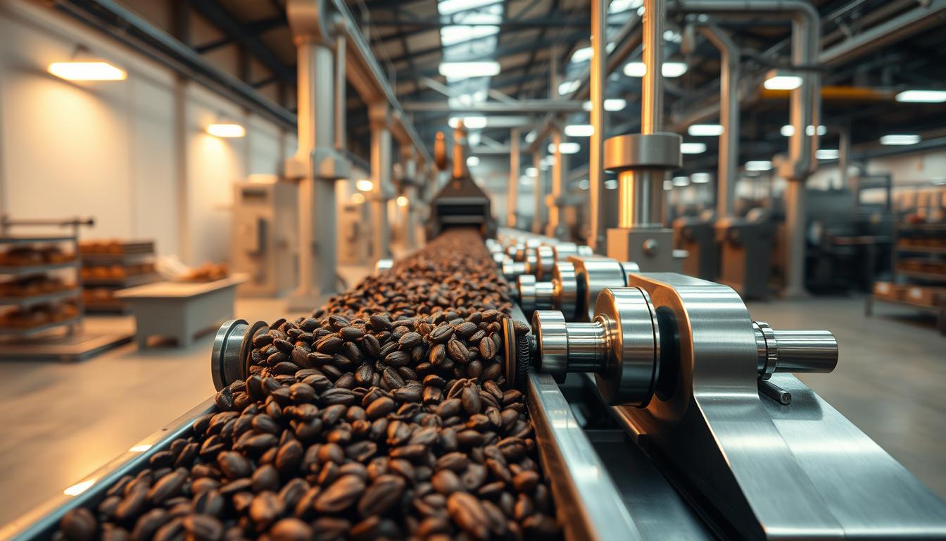 A sophisticated chocolate refining machine in a well-lit, modern chocolate factory. In the foreground, sleek stainless steel rollers gently crush and blend cocoa nibs, transforming them into a rich, velvety chocolate paste. The middle ground features intricate gears and mechanisms, while the background showcases the expansive factory floor with its high ceilings and rows of gleaming equipment. Soft, warm lighting casts a cozy, inviting glow, highlighting the meticulous precision of the refining process. The scene conveys a sense of expertise, efficiency, and the artisanal nature of high-quality chocolate production.