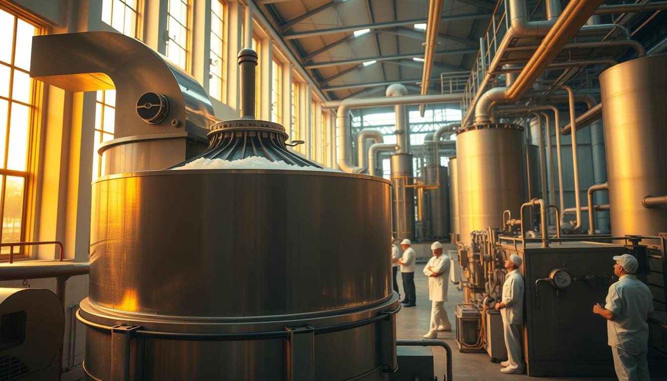 A large steel centrifuge stands in the foreground, its spinning basket slowly separating raw sugar from molasses. Warm, golden light filters through tall windows, casting a gentle glow on the intricate machinery. In the middle ground, workers in white uniforms carefully monitor gauges and valves, ensuring the affination process runs smoothly. The background reveals the expansive interior of a modern sugar refinery, with towering silos and pipes running along the ceiling. The atmosphere is one of precision, efficiency, and the transformation of nature into a pure, crystalline product.