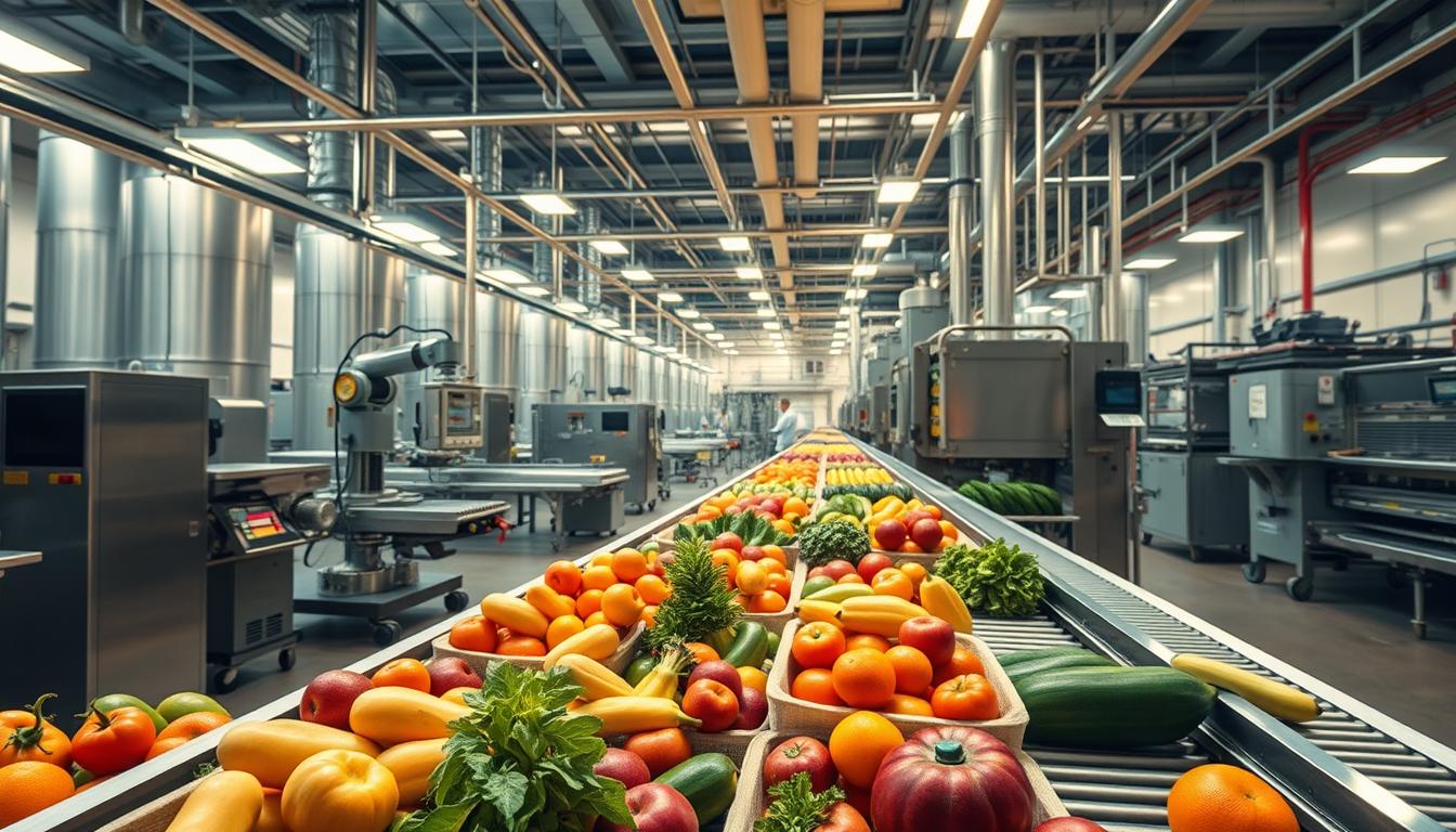 Food Industry Trends In The U.S. A gleaming, state-of-the-art food production facility, bathed in warm, soft lighting. In the foreground, a conveyor belt transports a variety of fresh produce - vibrant fruits and vegetables, expertly harvested and processed. In the middle ground, robotic arms and precision instruments seamlessly package the goods, ensuring optimal freshness and quality. The background reveals a panoramic view of the bustling production line, complete with towering silos, high-tech monitoring systems, and a team of skilled technicians overseeing the entire operation. The scene conveys a sense of efficiency, innovation, and a deep commitment to delivering the finest, most nutritious food products to consumers.