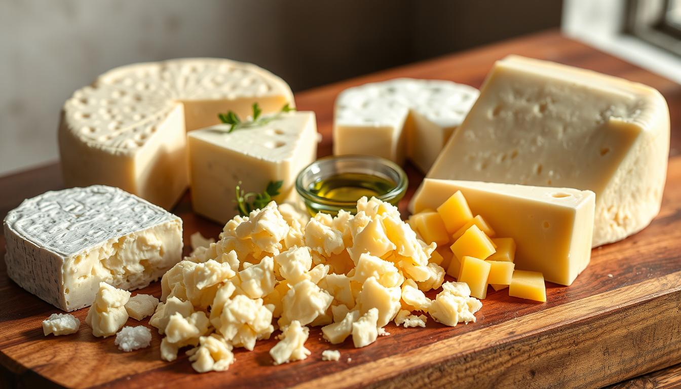 A close-up still life showcasing a variety of traditional Mexican cheeses: Oaxaca, Queso Fresco, and Cotija. The cheeses are arranged on a wooden board, with natural lighting illuminating their distinct textures and colors. The foreground features the cheeses in various forms - blocks, crumbles, and shreds - highlighting their unique qualities. The middle ground includes a few sprigs of fresh herbs, a drizzle of olive oil, and a small dish of sea salt, complementing the cheese presentation. The background is softly blurred, creating a warm, rustic atmosphere that evokes the flavors of Mexican cuisine.