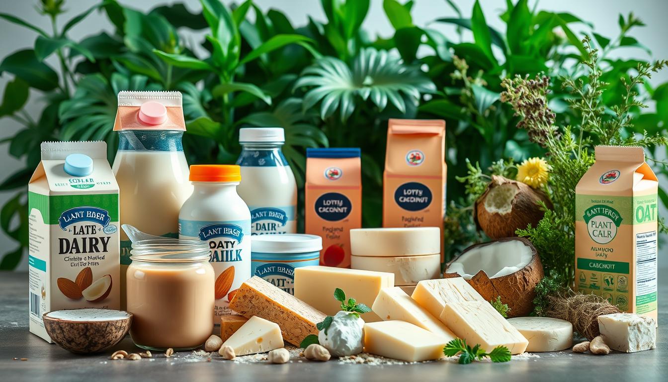 A vibrant still life capturing an array of plant-based dairy alternatives. In the foreground, a selection of colorful milk cartons and yogurt containers made from soy, almond, and oat. The middle ground features an assortment of cheese wedges, slices, and blocks crafted from cashew, coconut, and other plant-based sources. In the background, a lush greenery of leafy plants and herbs, suggesting a natural, organic setting. The lighting is soft and diffused, creating a warm, inviting atmosphere. The composition is balanced and visually appealing, showcasing the variety and quality of these plant-based dairy substitutes.