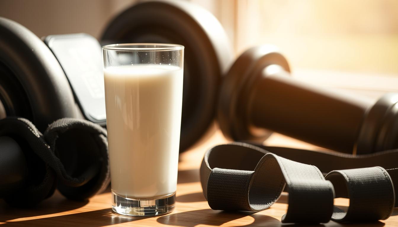 A glass of creamy, whole milk set against a bright, natural light. The milk glistens, its rich, white color highlighted by the warm, golden tones of the background. Weightlifting gloves and a resistance band lie nearby, suggesting the milk's role in supporting athletic performance and recovery. The image conveys a sense of health, vitality, and the synergy between proper nutrition and an active lifestyle.