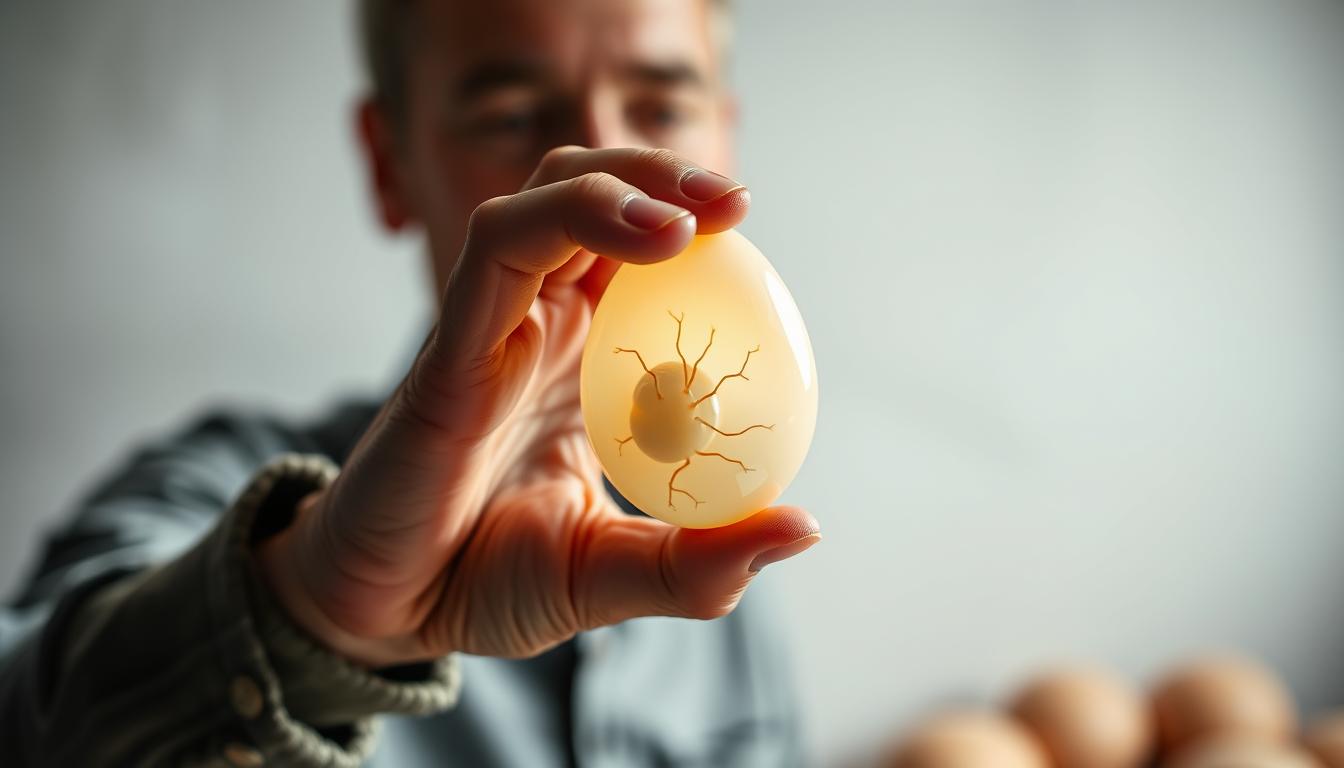 A well-lit studio setting with a close-up view of a farmer's hands carefully candling a transparent goose egg. The egg is held up to a bright light, revealing the developing embryo and its intricate vascular system within. The background is out of focus, creating a serene, contemplative atmosphere. The lighting is soft and diffused, highlighting the delicate textures of the eggshell and the farmer's weathered hands. The angle captures the thoughtful, focused expression on the farmer's face as they examine the egg, evaluating its progress and health. The overall scene conveys the care and attention required for successful goose egg incubation.